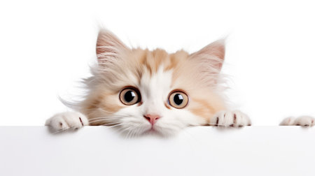 Cute kitten peeking from behind blank banner, isolated on whiteの素材