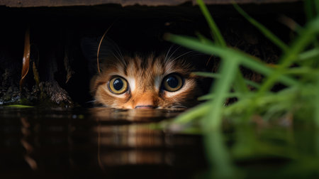 Cute cat looking at the camera through a hole in the groundの素材
