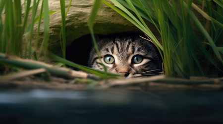 Cute tabby cat hiding in a hole in the grass.の素材