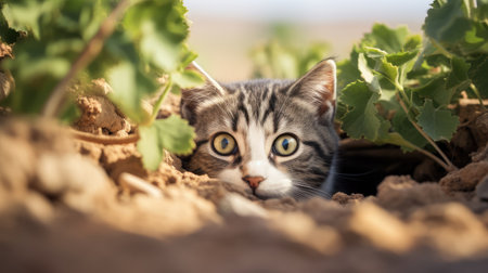 Cute cat hiding in a hole in the ground. Selective focus.の素材