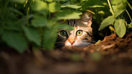 Cute cat hiding in the garden. Selective focus on eyes.の素材