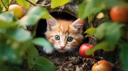 Cute little red kitten sitting in the garden and eating apples.の素材