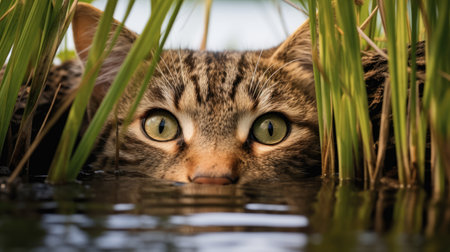 tabby cat looking at the camera in the water, nature seriesの素材