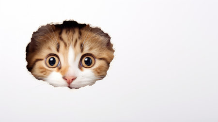 Cute cat peeking out of a hole in a white wallの素材