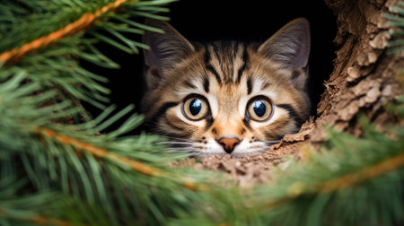Cute bengal kitten peeking out of hole in Christmas tree.の素材