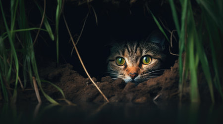 Cute cat hiding in a hole in the ground with green eyesの素材