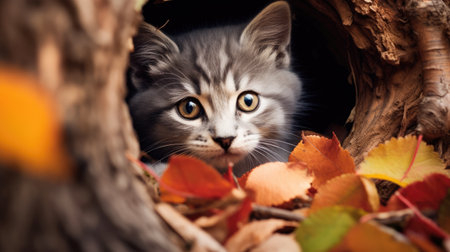 Siberian kitten in the autumn leaves. Selective focus.の素材
