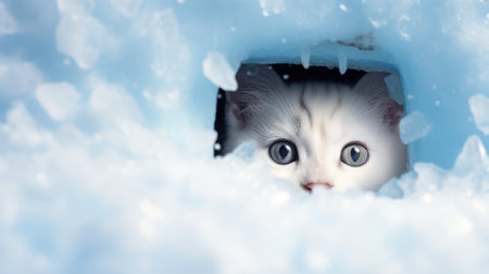 Cute kitten peeking out of hole in the snow. Winter backgroundの素材