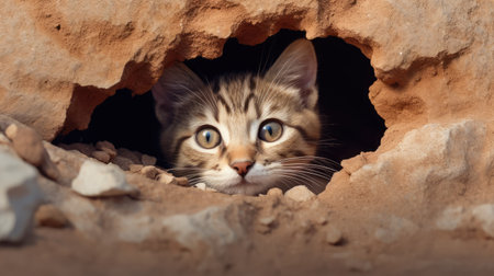 Cute tabby kitten peeking out of hole in wall.の素材