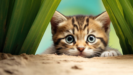 Cute bengal kitten with blue eyes peeking out from behind the leavesの素材