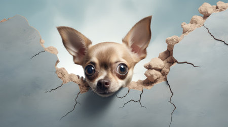 Cute chihuahua dog peeking out of hole in wallの素材
