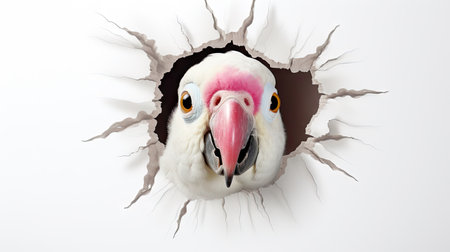 3d rendering of parrot peeking through hole in white wallの素材