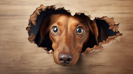 Dachshund dog peeking out of hole in wooden wallの素材