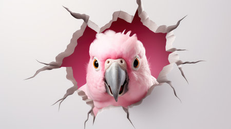Pink parrot peeking through a hole in the wall. 3d illustrationの素材
