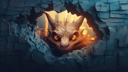 Fantasy monster in a hole in the wall. 3d renderingの素材