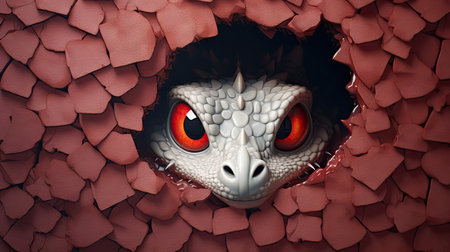 3d illustration of a monster looking through a hole in a wallの素材