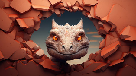 3d render of a dragon coming out of a hole in the wallの素材