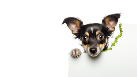 Cute chihuahua dog peeking out from behind a blank bannerの素材