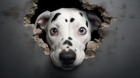 Adorable Dalmatian puppy peeking through hole in grey backgroundの素材