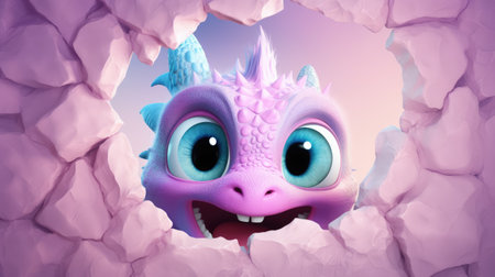Funny cartoon monster in a hole of pink paper. 3d renderingの素材