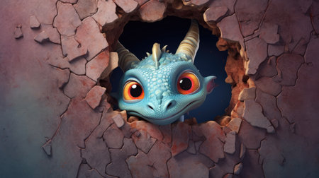 3D rendering of a fantasy dragon inside a hole in a wallの素材