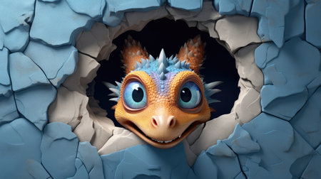 3d illustration of a dragon looking through a hole in the wallの素材