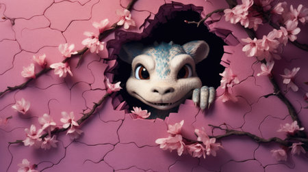 Halloween background with scary monster in hole and cherry blossom branchesの素材