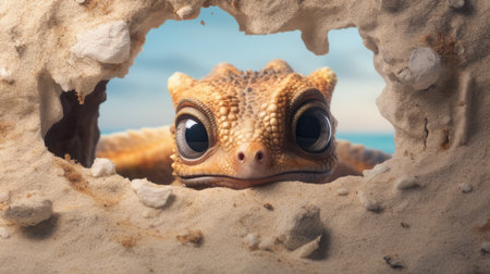 Close-up of a lizard looking out of a hole in the sandの素材