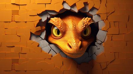 3d illustration of monster looking through a hole in orange cracked wallの素材