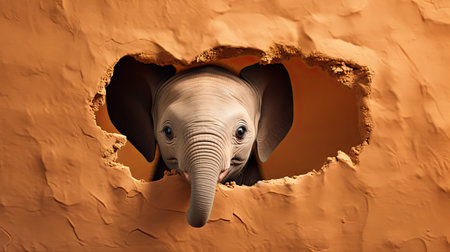 Elephant peeking through hole in orange wall. This is a 3d render illustrationの素材
