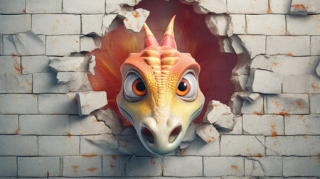3d rendering of a dragon peeking through a hole in a wallの素材