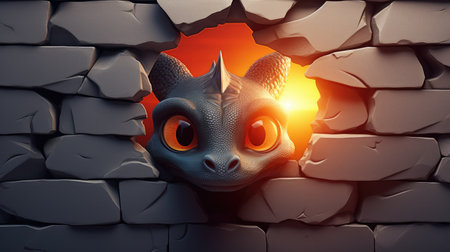 Fantasy alien face in hole of stone wall. 3d renderingの素材