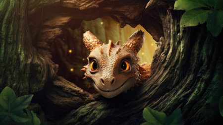 Fantasy dragon in a hole in a tree. 3d renderingの素材