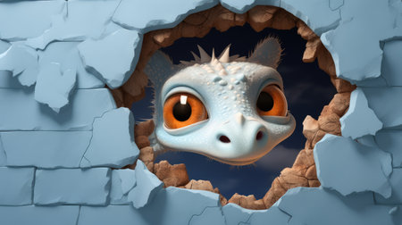 Fantasy monster peeking through hole in wall. 3d illustrationの素材