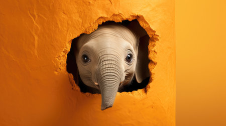 Elephant peeking out of a hole in a wall with orange backgroundの素材
