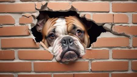 english bulldog peeking out of a hole in a brick wallの素材
