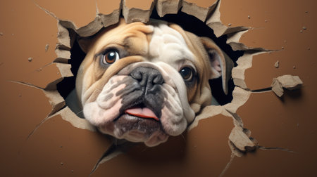 english bulldog peeking through a hole in a brown wall.の素材