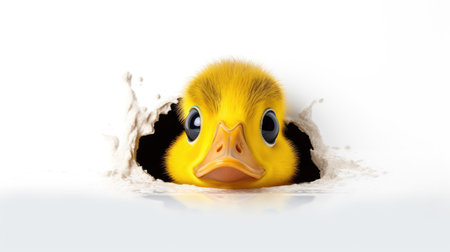 Cute yellow duckling coming out of a hole in white backgroundの素材