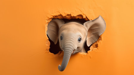 Elephant peeking through a hole in an orange wall, close-upの素材