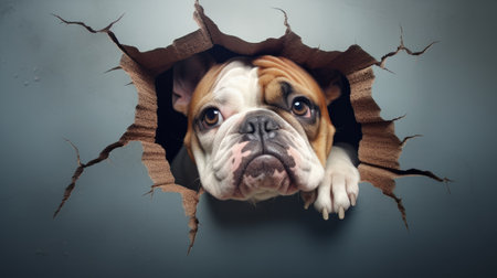 english bulldog peeking out of a hole in a gray wallの素材