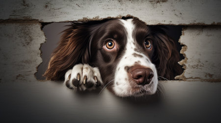 Cute English Springer Spaniel puppy peeking out of a hole in a wallの素材