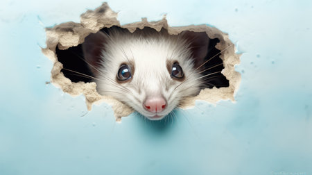 White ferret peeking out of hole in blue paper background.の素材