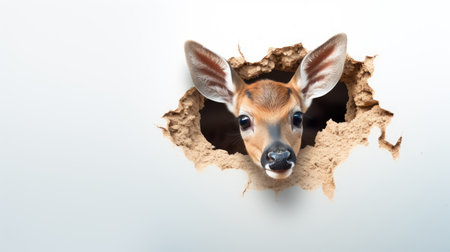 Little baby deer peeking through hole in white background. Top view.の素材
