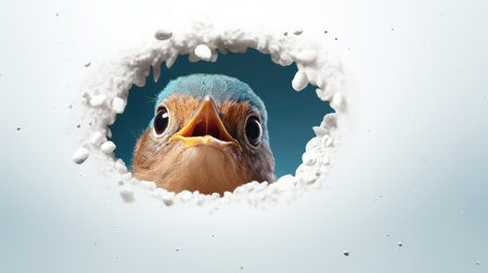 Bird looking through hole in wall. Bird with blue eyes. Bird looking through hole in wall.の素材