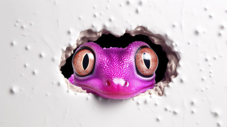 Frog peeking through hole in white wall, 3d illustrationの素材