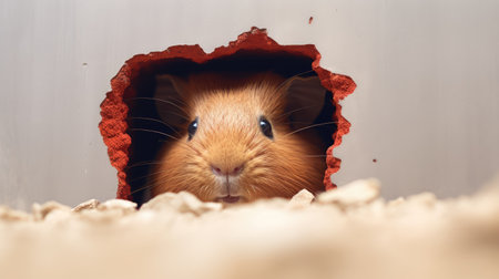 Red guinea pig peeps out of a hole in the paperの素材