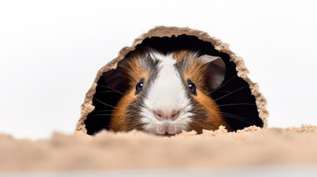 guinea pig peeking out of a hole in a paper wallの素材