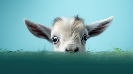 Cute little white goat with blue eyes on a blue background.の素材