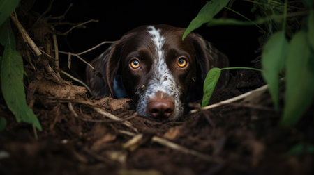 German Short-haired Pointer puppy in a hole in the groundの素材