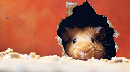 Red guinea pig peeps out of a hole in the wallの素材
